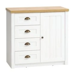 Commode 4 Tiroirs 1 Porte MARKSKEL Blanc/chêne
